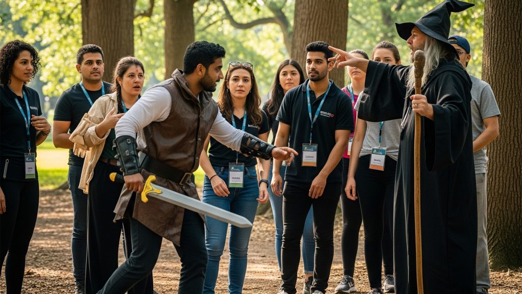 Persone e colleghi che stanno svolgendo un larp (Live Action Role-Playing)
