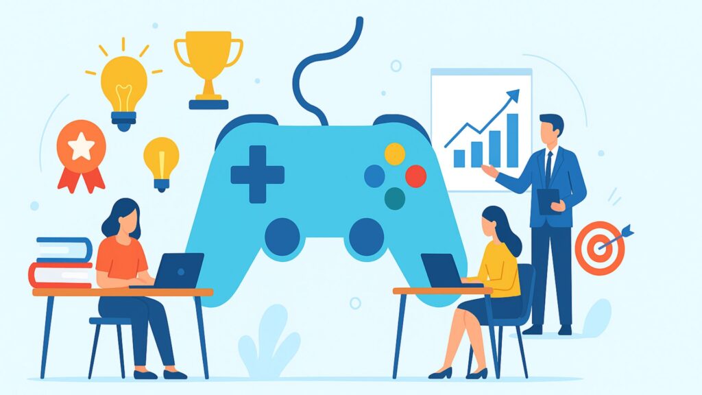 Gamification nell’apprendimento: illustrazione di persone sedute a una scrivania che interagiscono con elementi di gioco come un controller, un trofeo, un grafico in crescita e icone che rappresentano idee e creatività.