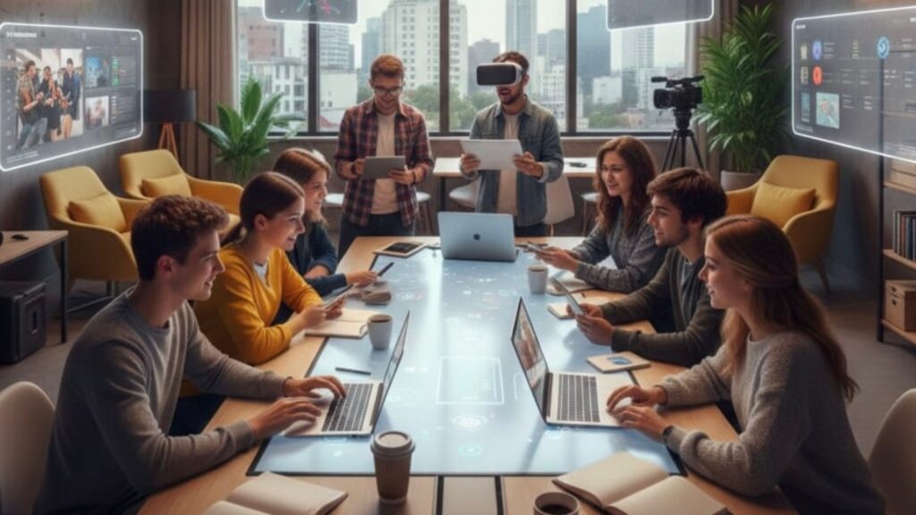 Un gruppo di giovani professionisti lavora con i media. Sono in un ambiente moderno e collaborativo, utilizzando laptop, tablet e tecnologie immersive come la realtà virtuale attorno a un grande tavolo interattivo.