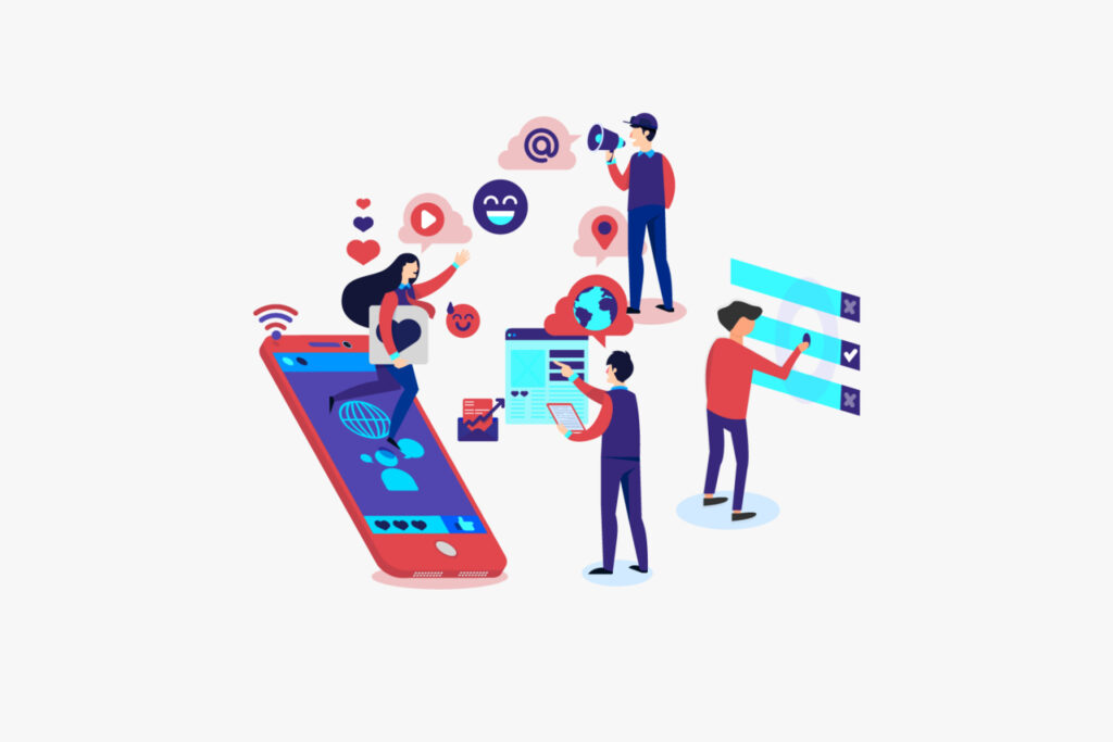 Illustrazione che rappresenta come educare nei media: persone interagiscono con uno smartphone e contenuti digitali per l’apprendimento sui social e online.