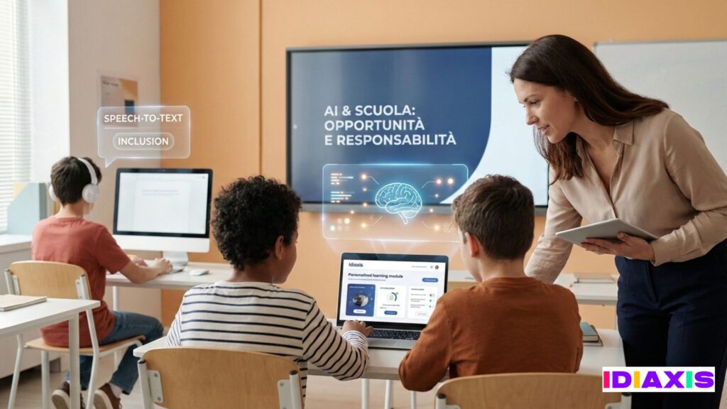 Immagine di un'aula scolastica moderna e luminosa sul tema Intelligenza Artificiale e scuola: un'insegnante è in piedi accanto a due studenti seduti a un banco mentre osservano un laptop. Sullo schermo del computer è visibile un'interfaccia digitale con la scritta 'Personalized learning module' e un'icona a forma di cervello. Sullo sfondo, un grande monitor a parete mostra il titolo 'AI & SCUOLA: OPPORTUNITÀ E RESPONSABILITÀ'. Accanto a un terzo studente in sottofondo, compaiono delle etichette grafiche semitrasparenti con i termini 'SPEECH-TO-TEXT' e 'INCLUSION'. In basso a destra è posizionato il logo Idiaxis.