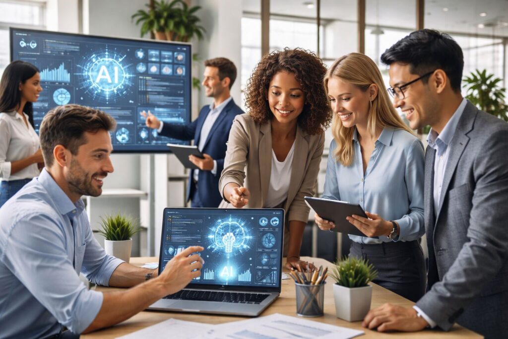 Professionisti che utilizzano intelligenza artificiale in azienda per ottimizzare i processi di lavoro con tecnologie innovative