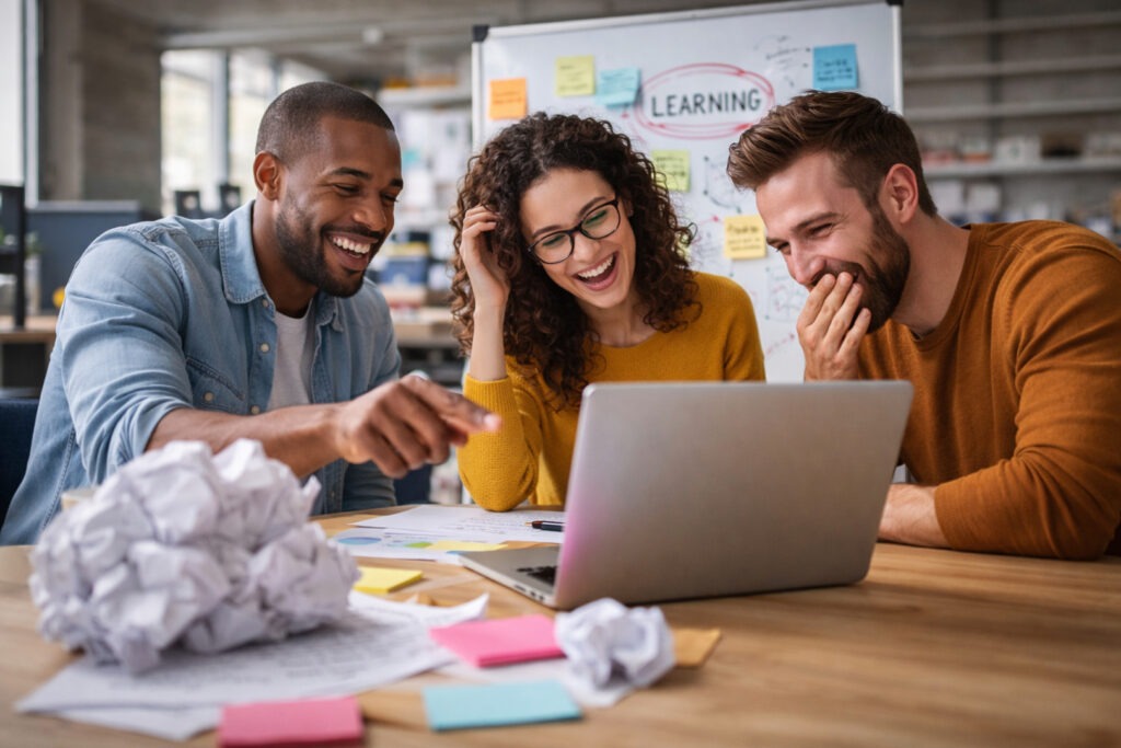 Tre colleghi sorridono davanti al laptop in ufficio, tra fogli accartocciati e post-it, riflettendo sugli errori come apprendimento in un'azienda che attua la cultura dell'errore.