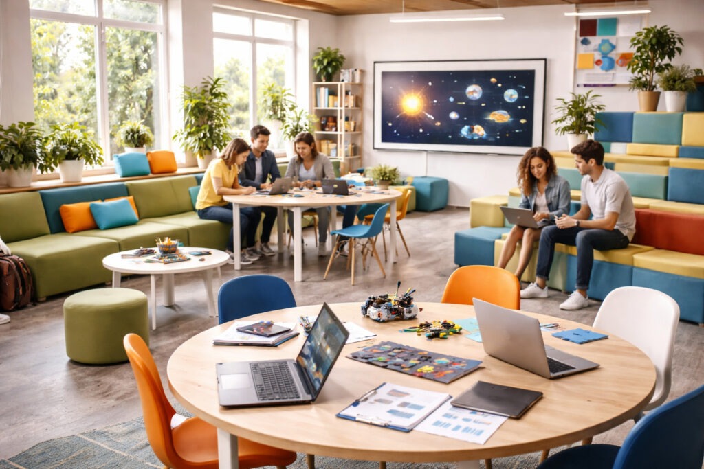 Ambienti di apprendimento innovativo con spazi collaborativi e tecnologia integrata