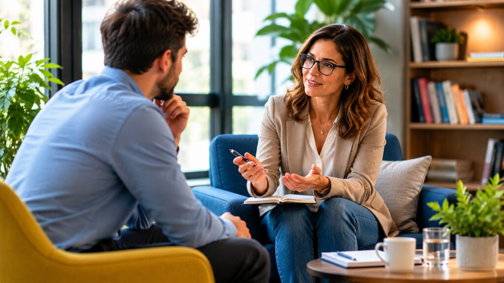 Coaching e Mentoring in azienda: un coach aziendale e un coachee in una sessione one-to-one, in un ambiente professionale e accogliente.