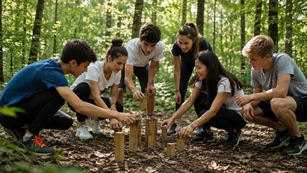 Studenti che partecipano a un'attività di Outdoor Education in un bosco, collaborando per superare una sfida di gruppo