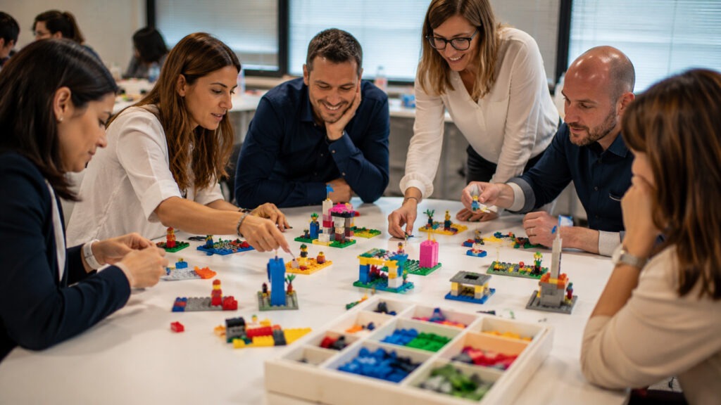 Partecipanti a un workshop LEGO® SERIOUS PLAY® che costruiscono modelli con i mattoncini su un tavolo collaborativo.