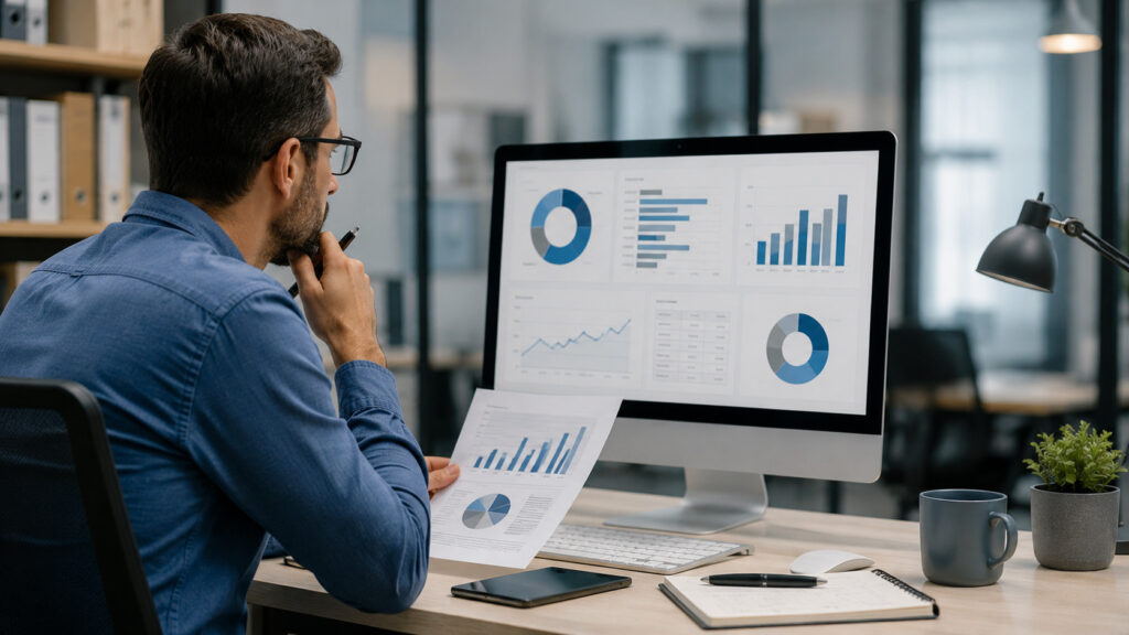 Manager che analizza grafici e metriche per misurare il ROI della formazione aziendale