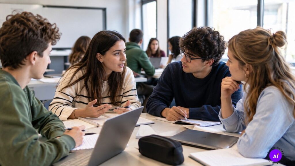 Studenti che lavorano in piccoli gruppi e si spiegano a vicenda un argomento durante un'attività di peer learning in classe