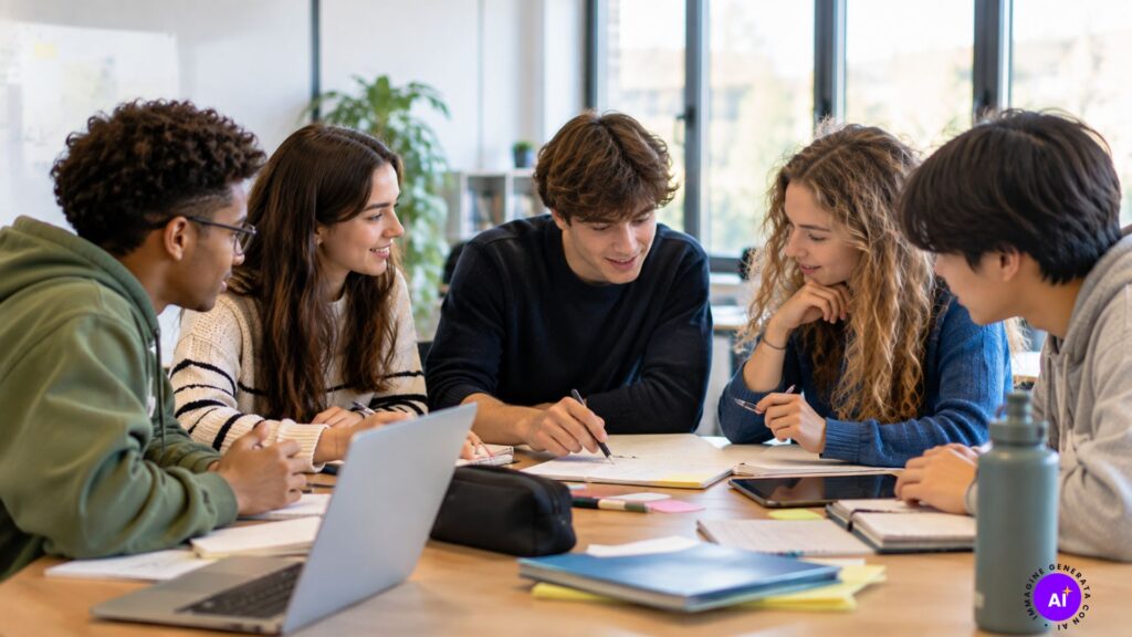 Gruppo di persone che collabora attorno a un tavolo per risolvere un compito comune, in un clima di apprendimento cooperativo
