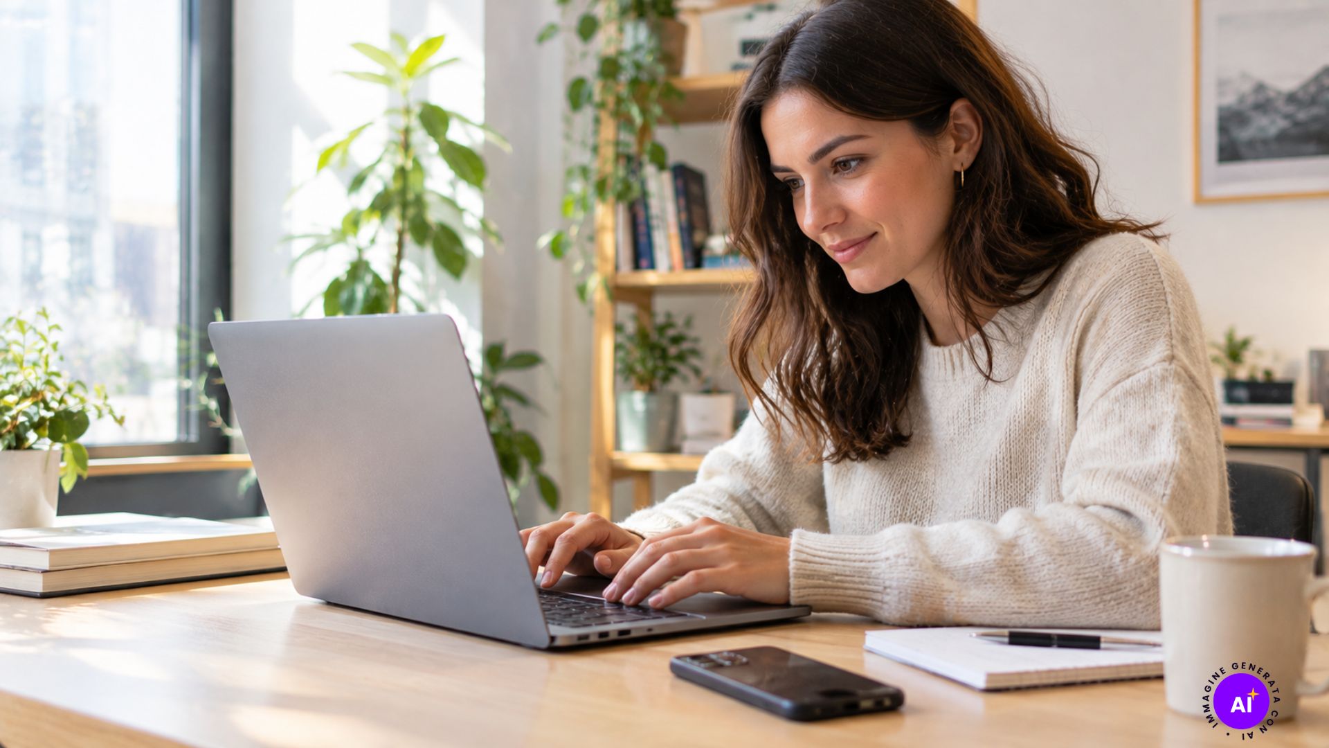 Persona che segue le regole del benessere digitale al lavoro: è al computer con lo smartphone capovolto sulla scrivania, in un ambiente sereno e luminoso